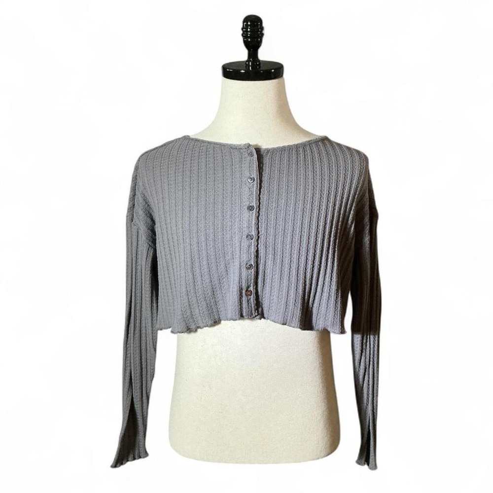Out From Under Waffle Ribbed Cropped Cardigan Sweater Gray Long Sleeve XS